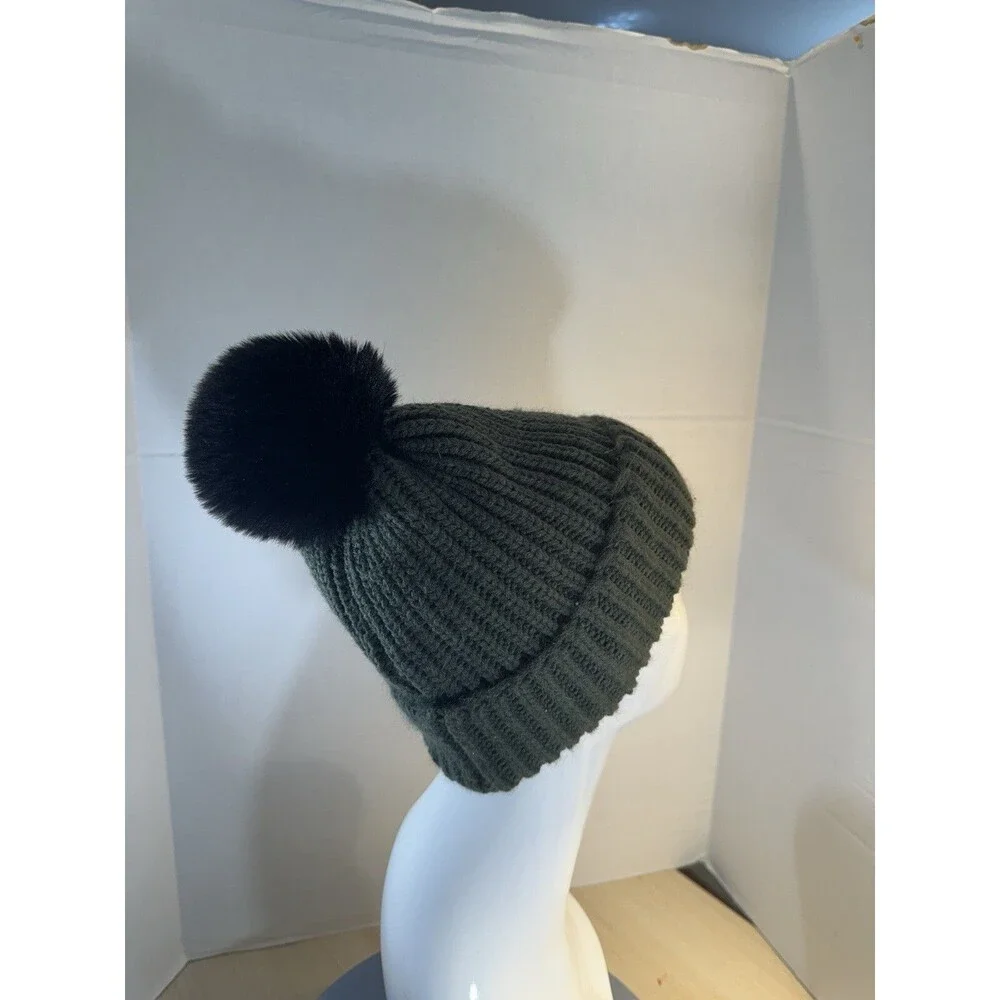 Steve Madden Green Cuffed Beanie with Black POM Winter Hat Ski Cap One Size